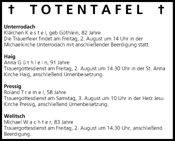 Anzeige von Totentafel vom 01.08.2013 von MGO
