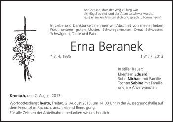 Anzeige von Erna Beranek von MGO