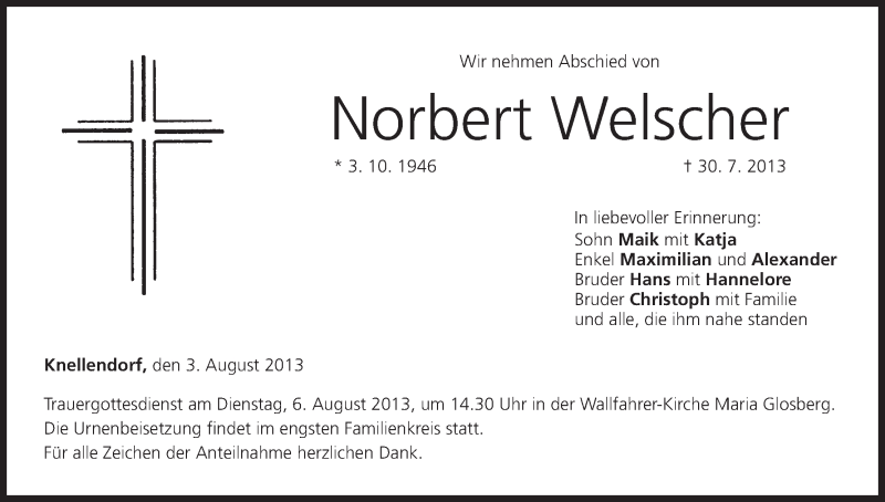  Traueranzeige für Norbert Welscher vom 03.08.2013 aus MGO