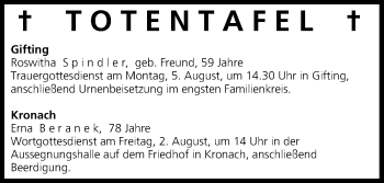 Anzeige von Totentafel vom 02.08.2013 von MGO