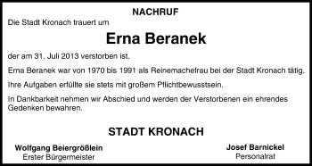 Anzeige von Erna Beranek von MGO