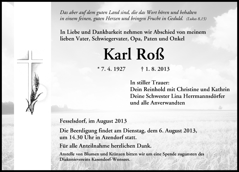  Traueranzeige für Karl Roß vom 03.08.2013 aus MGO