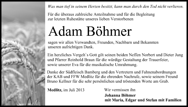  Traueranzeige für Adam Böhmer vom 03.08.2013 aus MGO