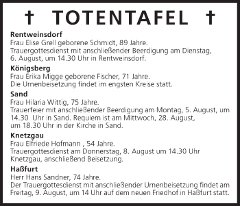 Anzeige von Totentafel vom 05.08.2013 von MGO