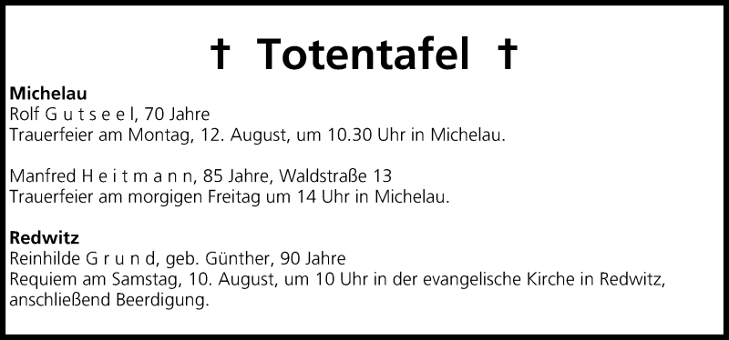  Traueranzeige für Totentafel vom 08.08.2013 vom 08.08.2013 aus MGO