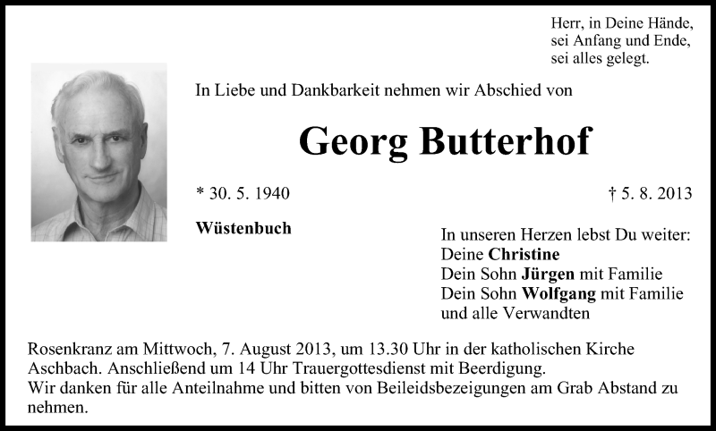 Traueranzeige für Georg Butterhof vom 06.08.2013 aus MGO