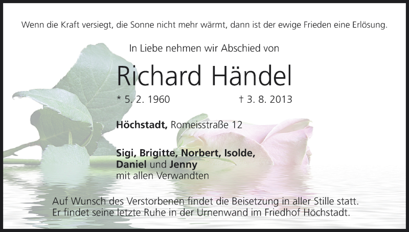  Traueranzeige für Richard Händel vom 06.08.2013 aus MGO