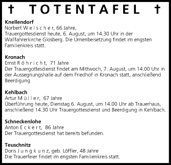 Anzeige von Totentafel vom 06.08.2013 von MGO