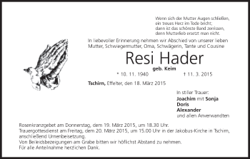 Anzeige von Resi Hader von MGO