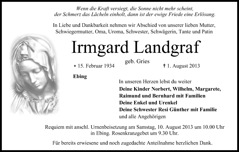  Traueranzeige für Irmgard Landgraf vom 08.08.2013 aus MGO