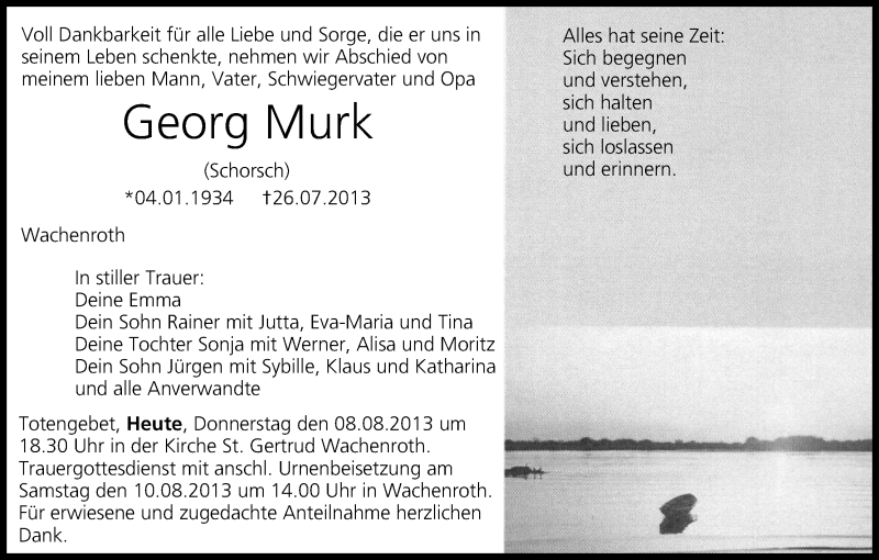  Traueranzeige für Georg Murk vom 08.08.2013 aus MGO