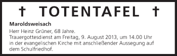 Anzeige von Totentafel vom 08.08.2013 von MGO