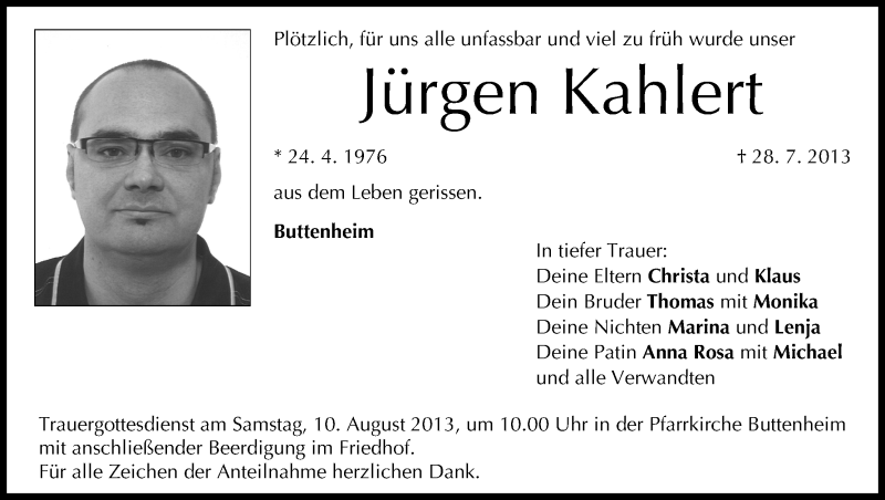  Traueranzeige für Jürgen Kahlert vom 08.08.2013 aus MGO