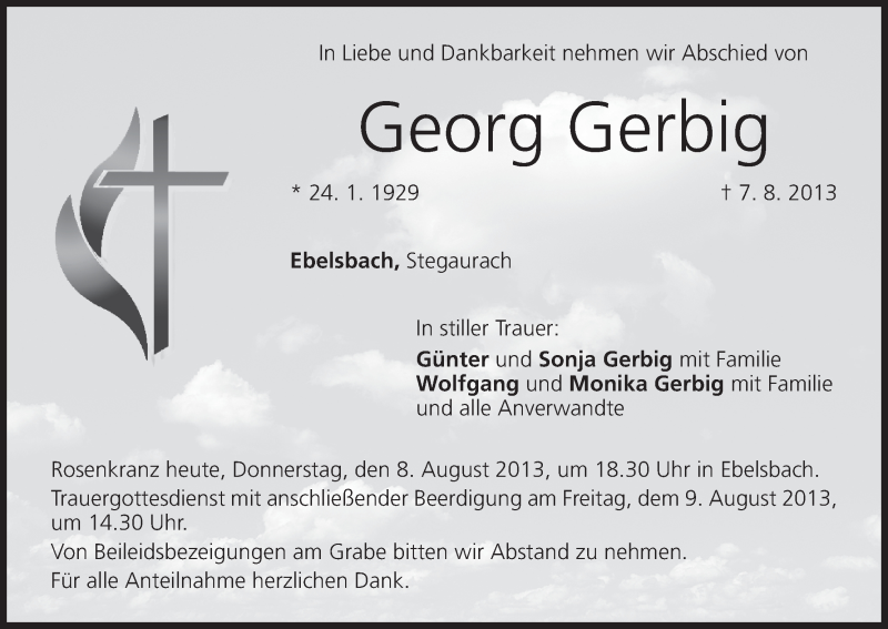  Traueranzeige für Georg Gerbig vom 08.08.2013 aus MGO