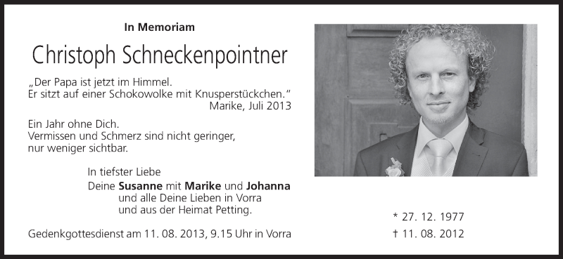  Traueranzeige für Christoph Schneckenpointner vom 10.08.2013 aus MGO