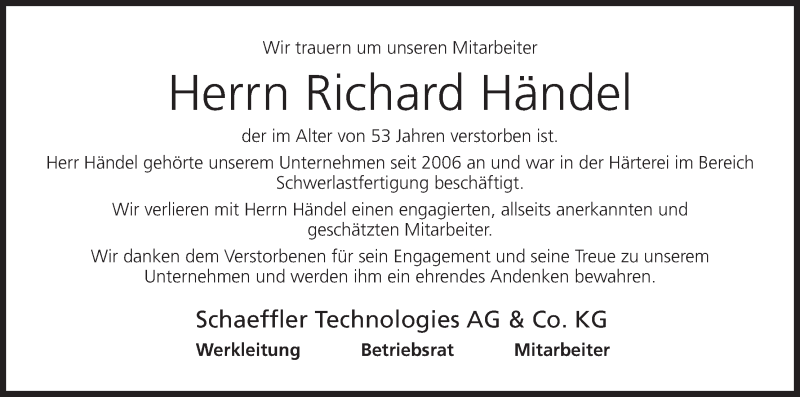  Traueranzeige für Richard Händel vom 09.08.2013 aus MGO