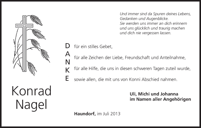  Traueranzeige für Konrad Nagel vom 10.08.2013 aus MGO