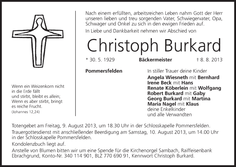  Traueranzeige für Christoph Burkard vom 09.08.2013 aus MGO