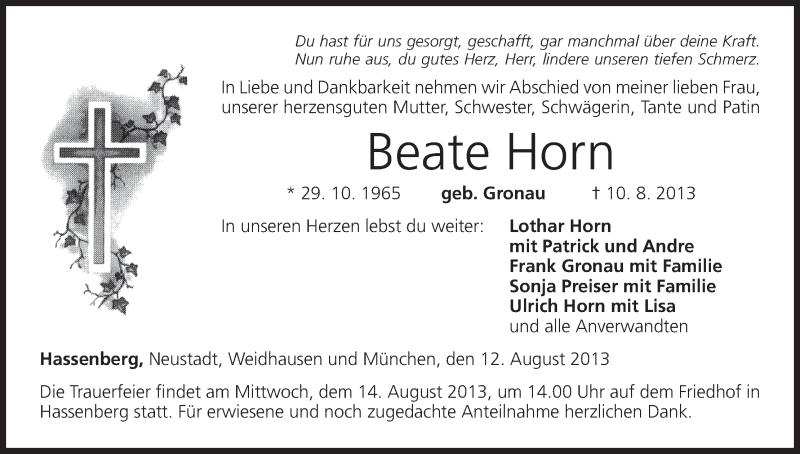  Traueranzeige für Beate Horn vom 12.08.2013 aus MGO