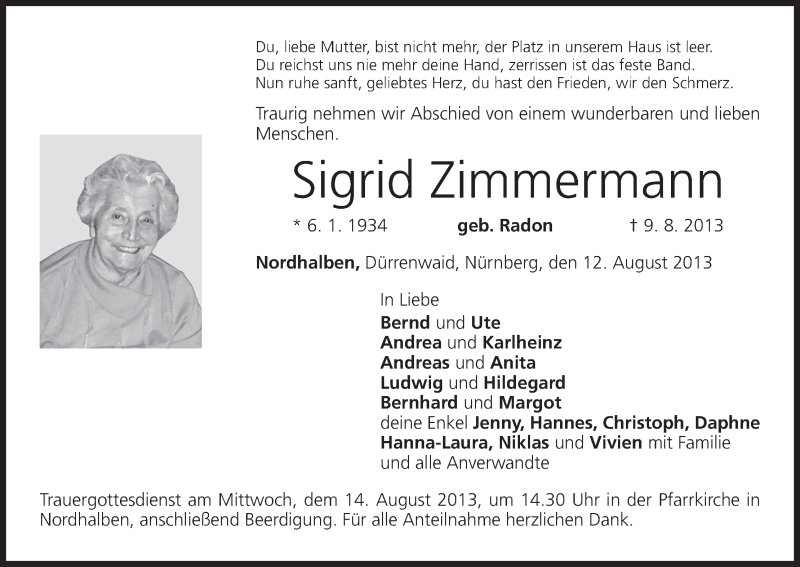  Traueranzeige für Sigrid Zimmermann vom 12.08.2013 aus MGO