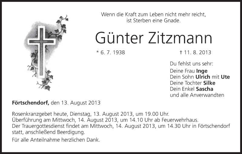  Traueranzeige für Günter Zitzmann vom 13.08.2013 aus MGO