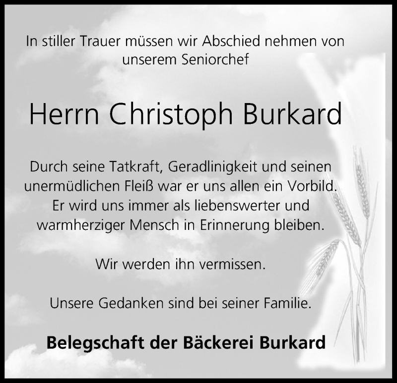  Traueranzeige für Christoph Burkard vom 10.08.2013 aus MGO