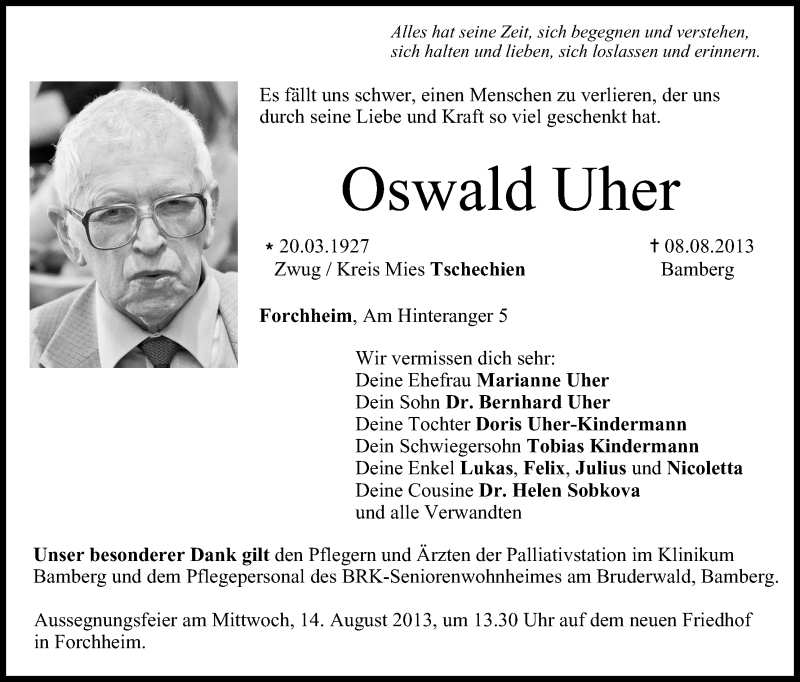  Traueranzeige für Oswald Uher vom 10.08.2013 aus MGO
