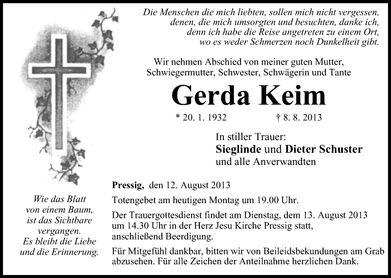  Traueranzeige für Gerda Keim vom 12.08.2013 aus MGO