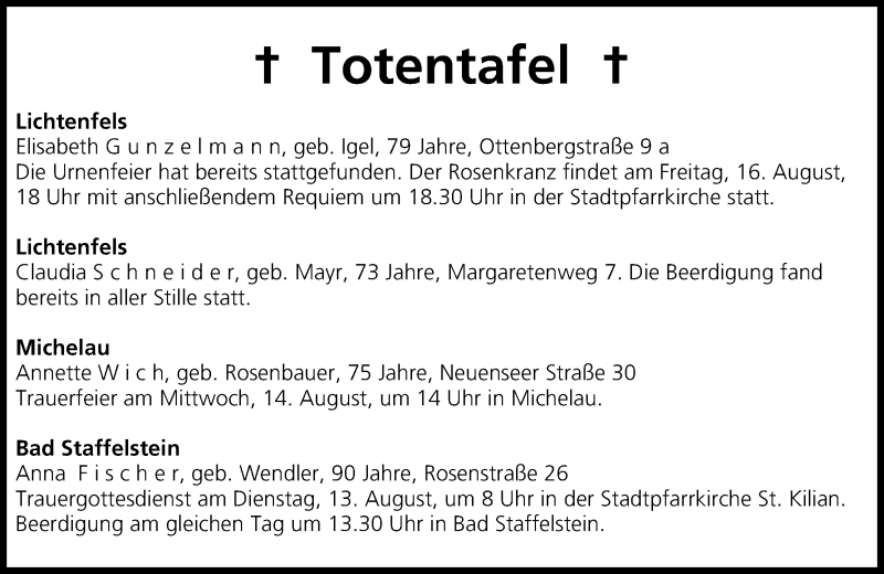  Traueranzeige für Totentafel vom 13.08.2013 vom 13.08.2013 aus MGO