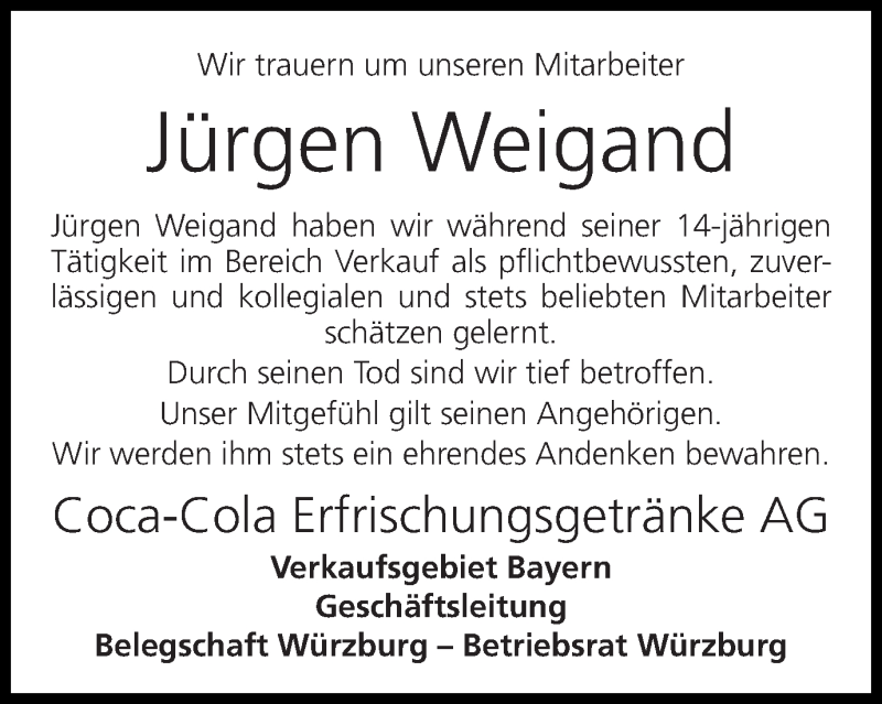  Traueranzeige für Jürgen Weigand vom 14.08.2013 aus MGO
