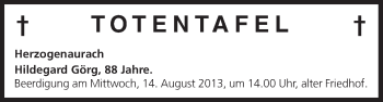 Anzeige von Totentafel vom 14.08.2013 von MGO