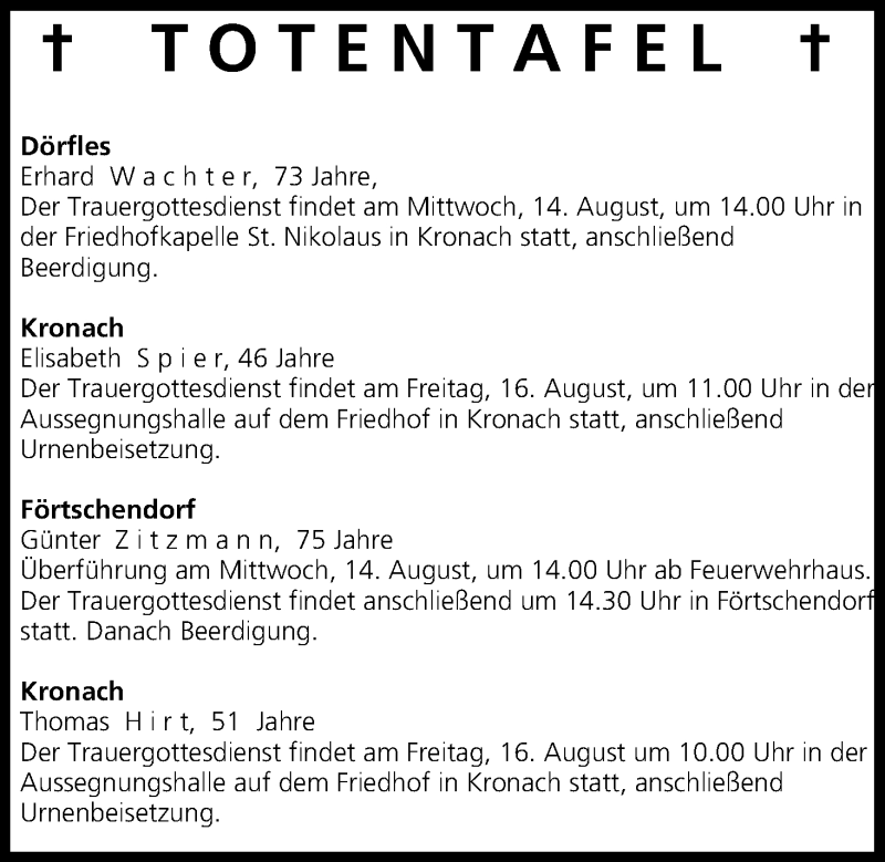  Traueranzeige für Totentafel vom 14.08.2013 vom 14.08.2013 aus MGO