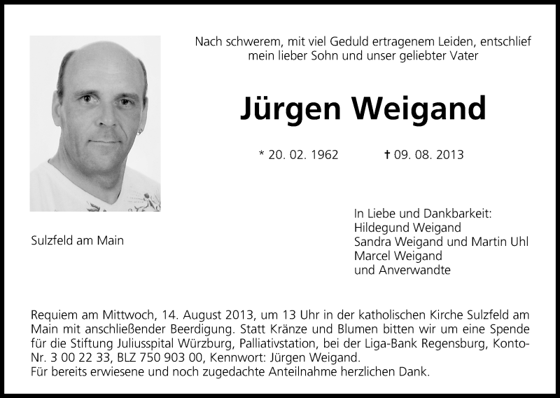  Traueranzeige für Jürgen Weigand vom 13.08.2013 aus MGO