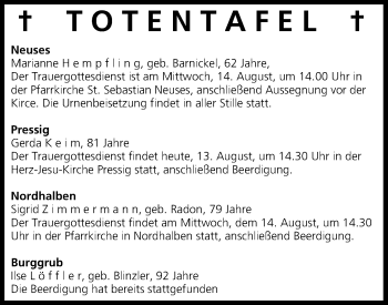 Anzeige von Totentafel vom 13.08.2013 von MGO