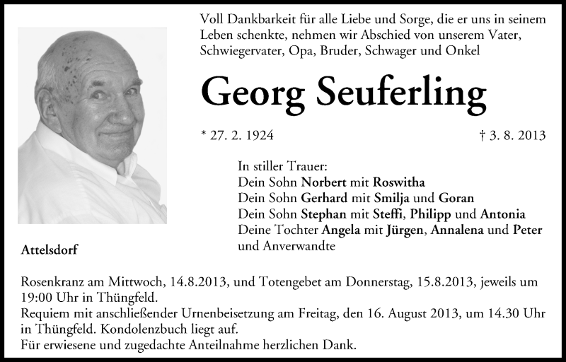  Traueranzeige für Georg Seuferling vom 14.08.2013 aus MGO