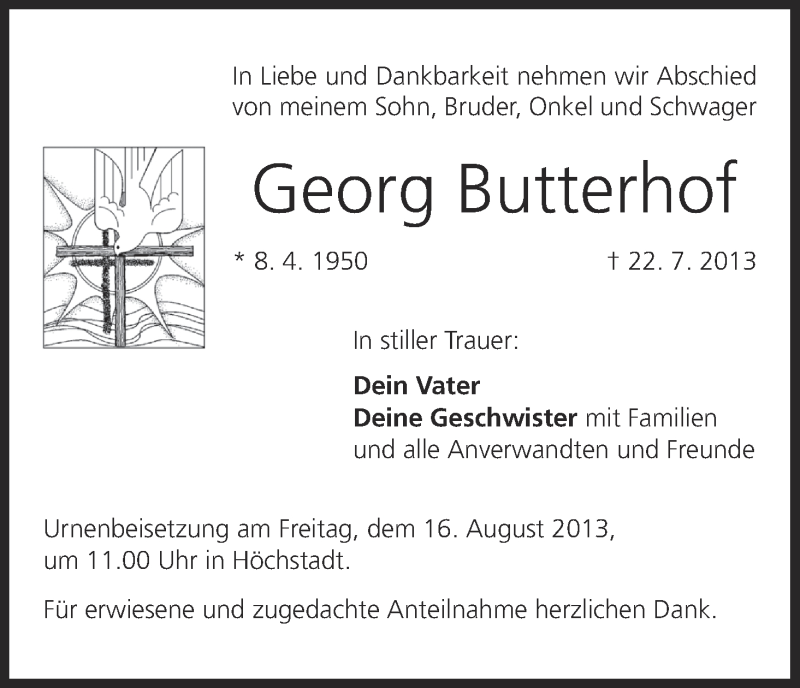  Traueranzeige für Georg Butterhof vom 14.08.2013 aus MGO