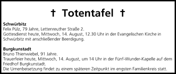 Anzeige von Totentafel vom 14.08.2013 von MGO
