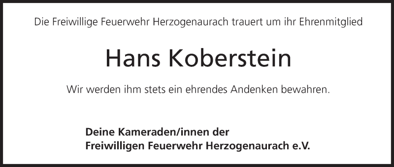  Traueranzeige für Hans Koberstein vom 16.08.2013 aus MGO