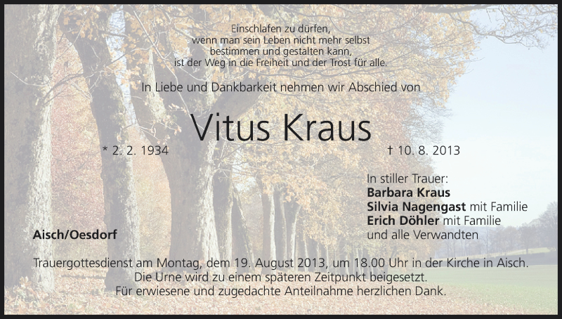  Traueranzeige für Vitus Kraus vom 16.08.2013 aus MGO
