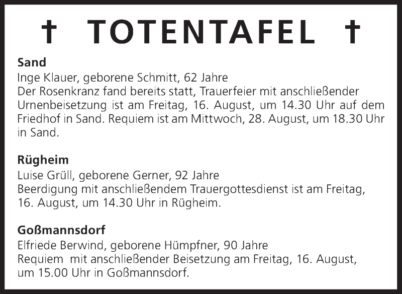  Traueranzeige für Totentafel vom 15.08.2013 vom 15.08.2013 aus MGO