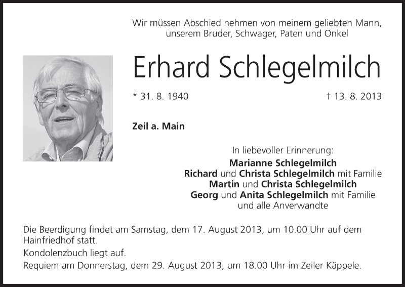  Traueranzeige für Erhard Schlegelmilch vom 15.08.2013 aus MGO