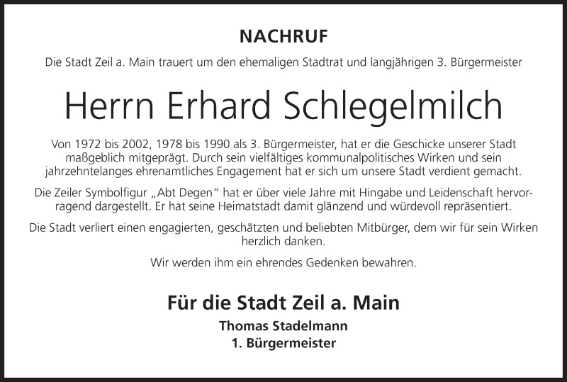  Traueranzeige für Erhard Schlegelmilch vom 15.08.2013 aus MGO