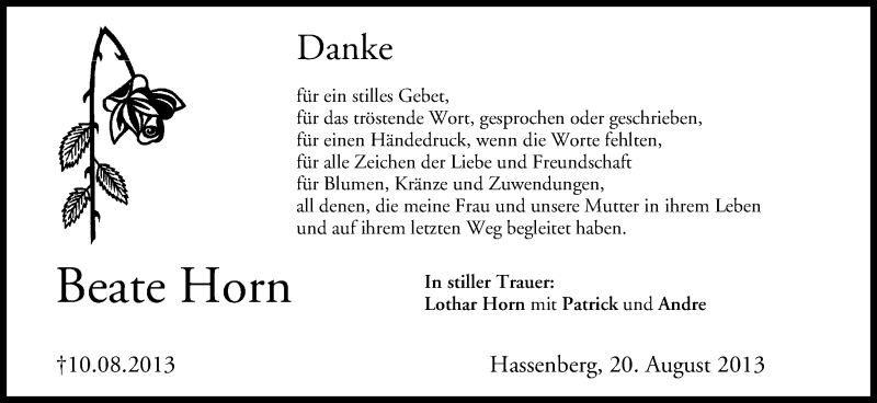  Traueranzeige für Beate Horn vom 20.08.2013 aus MGO