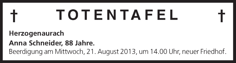  Traueranzeige für Totentafel vom 19.08.2013 vom 19.08.2013 aus MGO