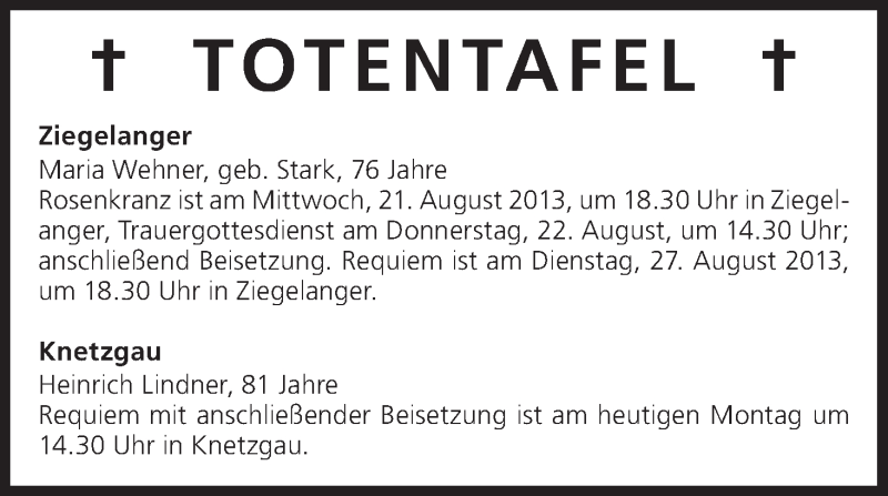 Traueranzeige für Totentafel vom 19.08.2013 vom 19.08.2013 aus MGO