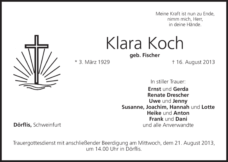  Traueranzeige für Klara Koch vom 19.08.2013 aus MGO