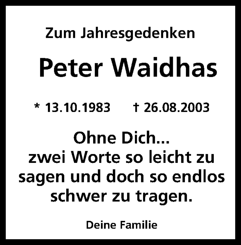  Traueranzeige für Peter Waidhas vom 26.08.2013 aus MGO