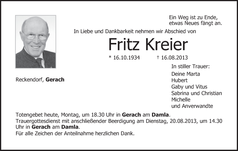  Traueranzeige für Fritz Kreier vom 19.08.2013 aus MGO