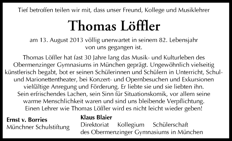  Traueranzeige für Thomas Löffler vom 21.08.2013 aus MGO