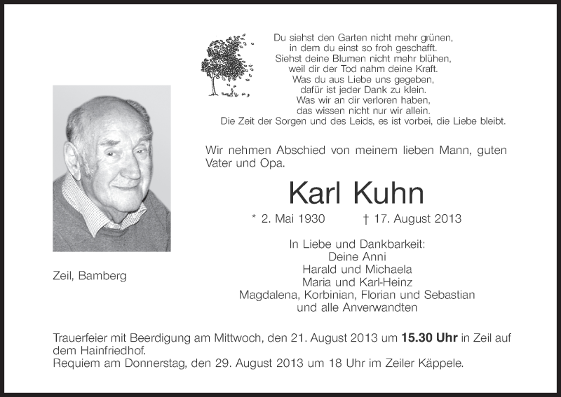  Traueranzeige für Karl Kuhn vom 20.08.2013 aus MGO